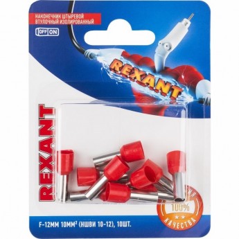 Наконечник штыревой REXANT втулочный изолированный F-12 мм 10 мм² (НШВи 10-12) красный (в упак. 10 шт.) Наконечник штыревой REXANT втулочный изолированный F-12 мм 10 мм² (НШВи 10-12) красный (в упак. 10 шт.)